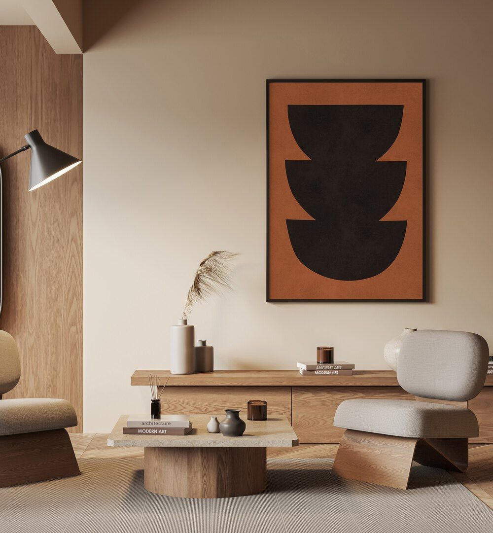 Stylish interior featuring TRIBAL III, ABSTRACT PAINTINGS, blending contemporary and traditional design elements.