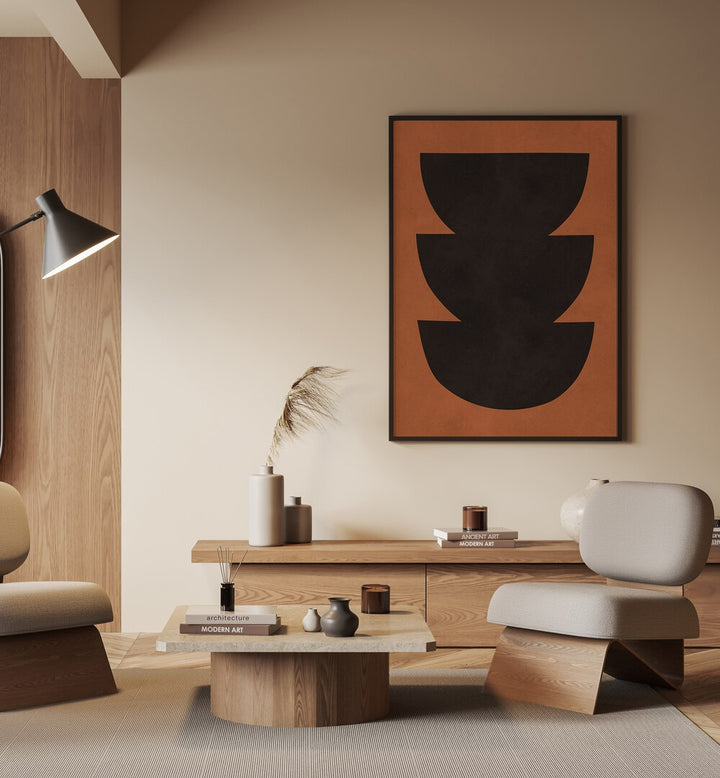 Stylish interior featuring TRIBAL III, ABSTRACT PAINTINGS, blending contemporary and traditional design elements.