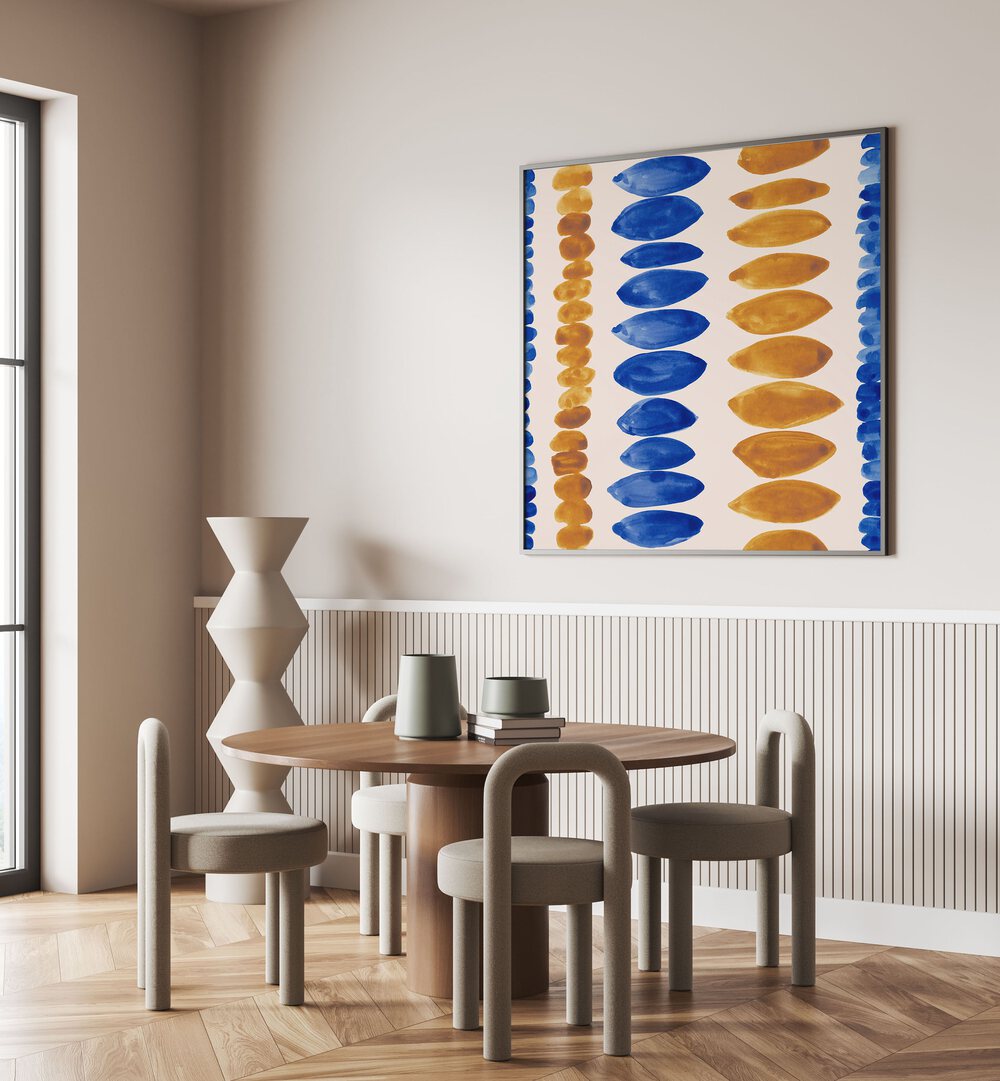 WATERCOLOUR TILE VIII, ABSTRACT PAINTINGS showcased in a modern dining space, elevating decor with vibrant patterns.
