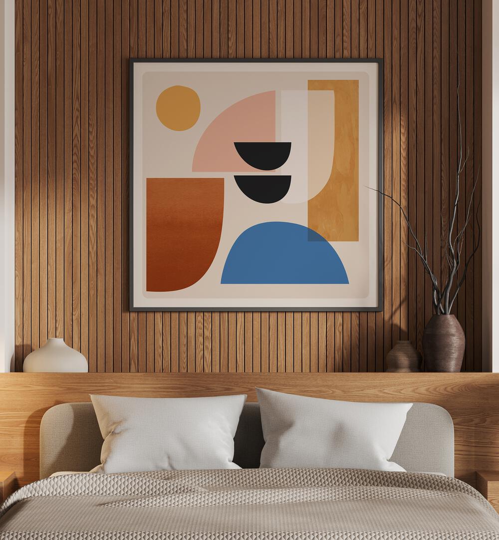 Stylish bedroom featuring ABSTRACT MINIMAL SHAPES VI, GEOMETRIC ART PRINTS, enhancing modern home decor.