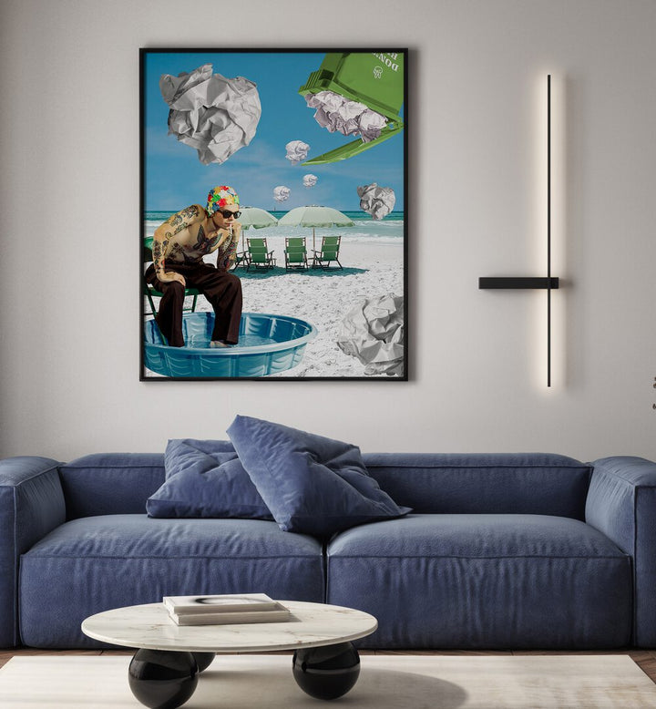 Surreal art print "PAPER BEACH" captures a whimsical beach scene, perfect for adding character to your space.
