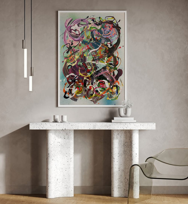 Colorful MEIYO abstract paintings displayed in a stylish interior, enhancing the room's artistic ambiance.