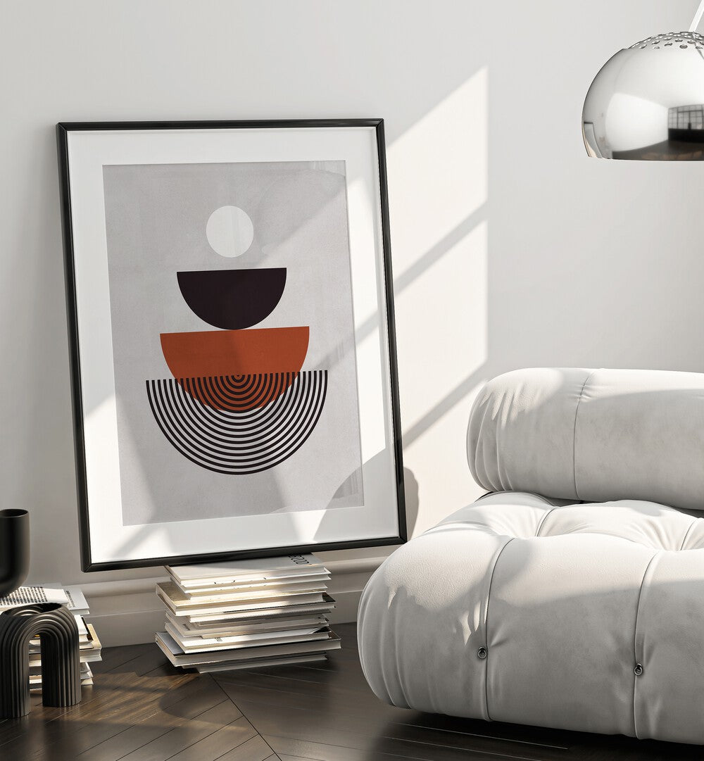 LINES AND CIRCLES XVIII, BOHO ART PAINTINGS showcased in a stylish setting, enhancing modern decor with geometric elegance.