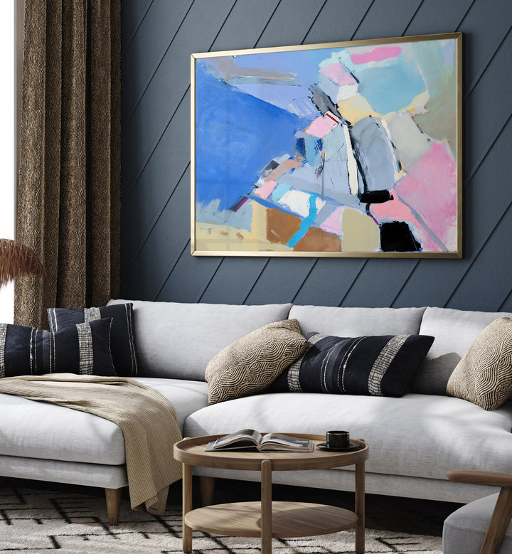 Stylish SEA TOWN, ABSTRACT PAINTINGS enhancing coastal-themed interior with vibrant colors and modern design.