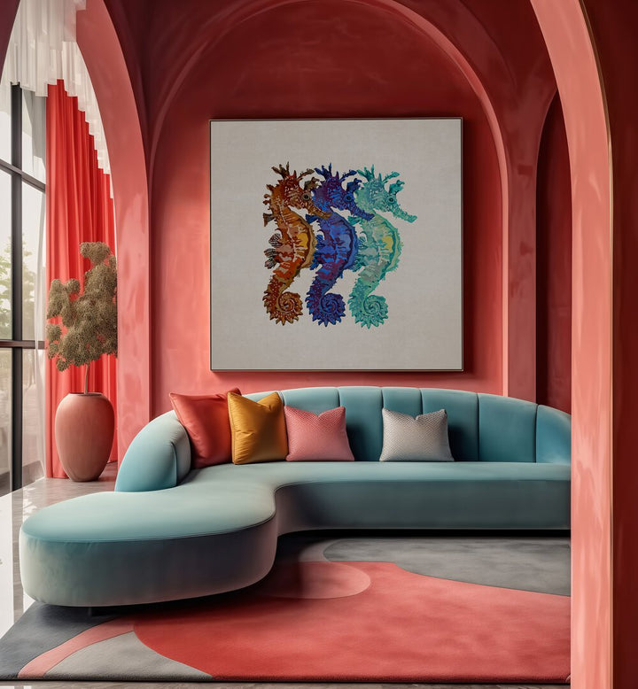 Colorful DENIZATLARI, BEACH PAINTINGS artwork by Emel Tunaboylu enhances modern living spaces with artistic brilliance.
