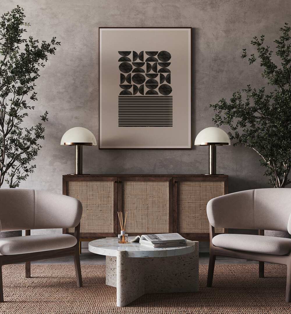 Stylish living room featuring BLACK GEOMETRIC PATTERNS I, GEOMETRIC ART PRINTS from The Miuus Studio for contemporary elegance.