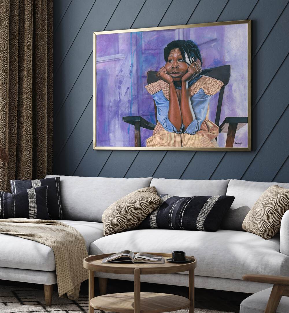 "The Color Purple, African Art Paintings" adorns a stylish living room, adding elegance and creativity to the decor.
