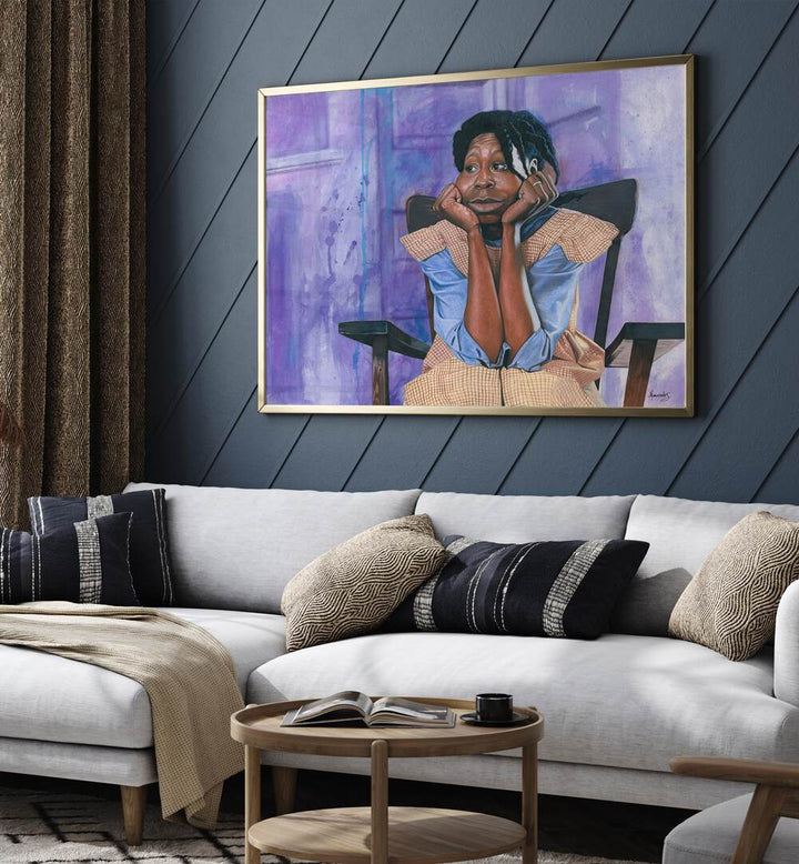 "The Color Purple, African Art Paintings" adorns a stylish living room, adding elegance and creativity to the decor.