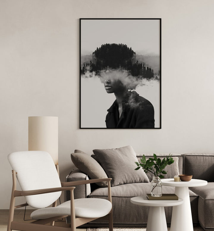 FOGGY THOUGHTS, SURREAL ART PRINTS blend art and clarity, capturing a serene moment in a stylish living space.
