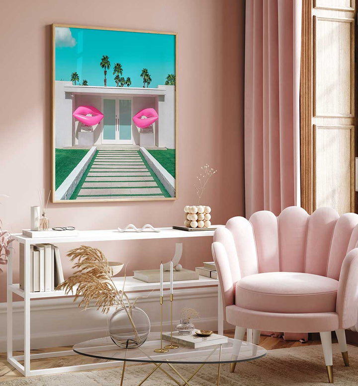 MID-CENTURY MODERN HOUSE WITH PINK LIPS , PHOTOGRAPHY PRINTS