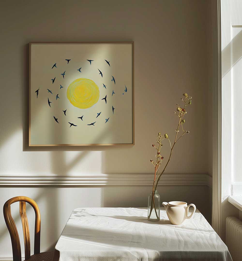FLY AWAY WITH ME , KIDS ROOM PAINTINGS with birds circling a yellow sun brightening a cozy room at dawn