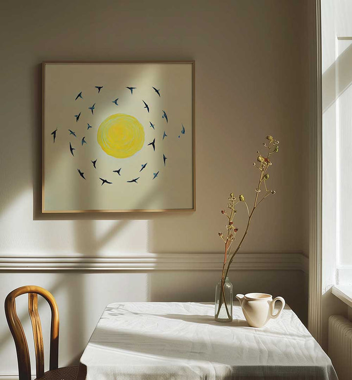 FLY AWAY WITH ME , KIDS ROOM PAINTINGS with birds circling a yellow sun brightening a cozy room at dawn
