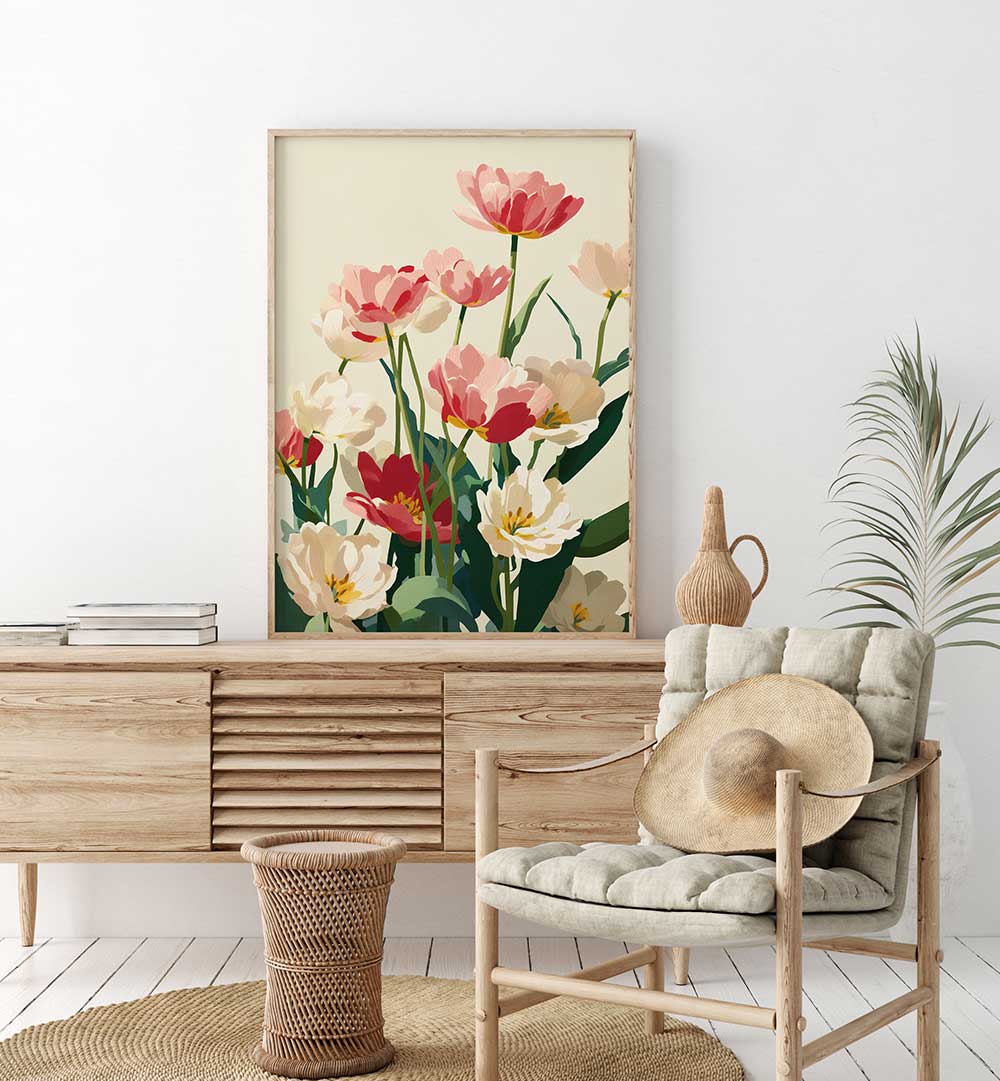 CORAL TULIPS IN BLOOM , FLORAL FLOWER PAINTINGS