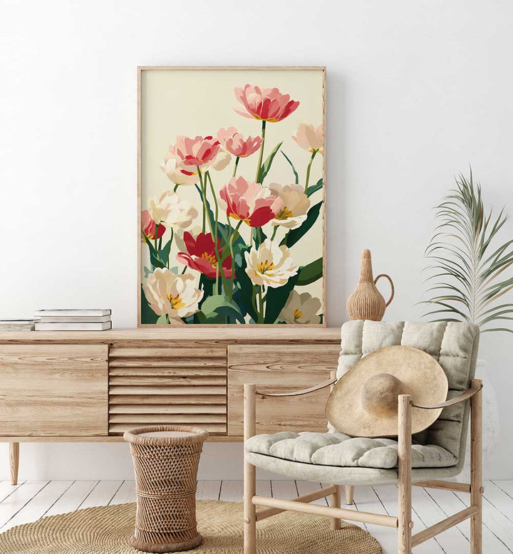 CORAL TULIPS IN BLOOM , FLORAL FLOWER PAINTINGS