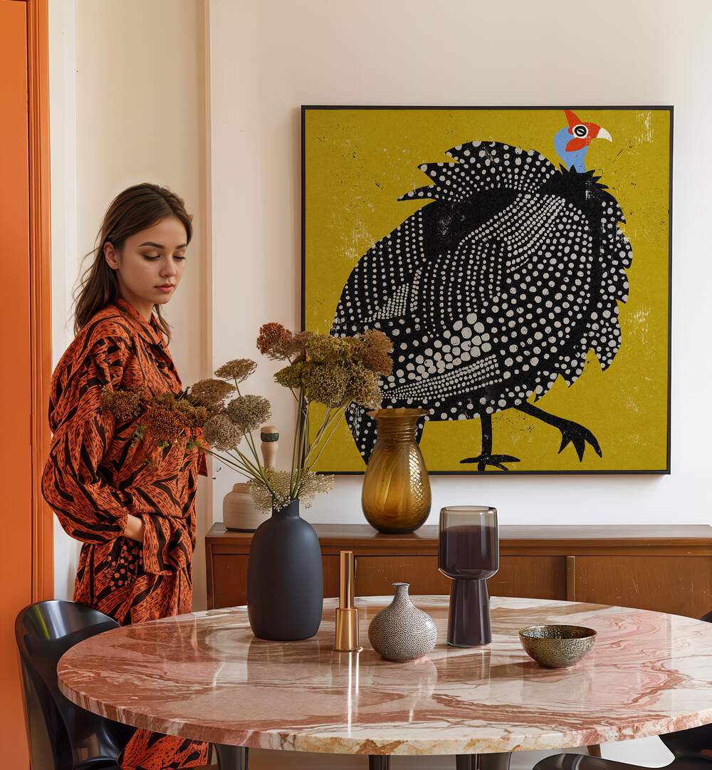Stylish interior featuring GUINEA FOWL I, ANIMAL PAINTINGS, showcasing vibrant artistry and nature's elegance.
