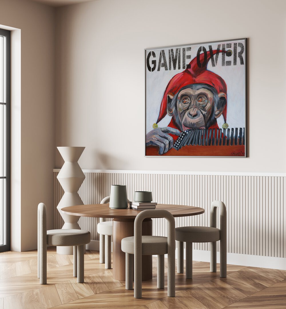 Colorful JESTER'S FINAL PLAY, COMIC POSTERS art piece featuring a whimsical character, perfect for vibrant decor.