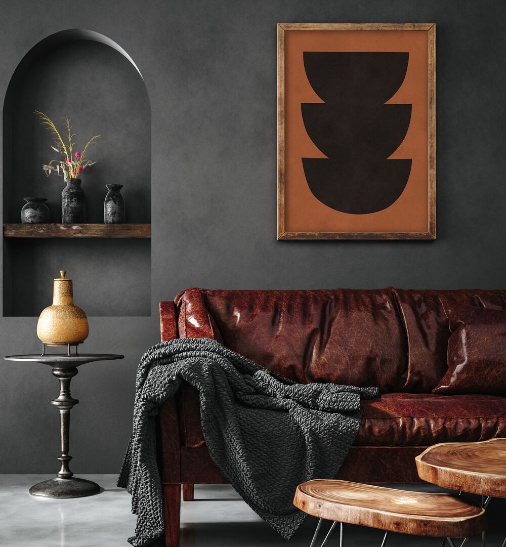 Stylish living room featuring TRIBAL III, ABSTRACT PAINTINGS, blending contemporary design with traditional motifs.