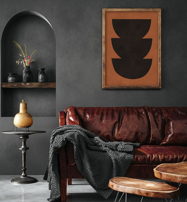 Stylish living room featuring TRIBAL III, ABSTRACT PAINTINGS, blending contemporary design with traditional motifs.