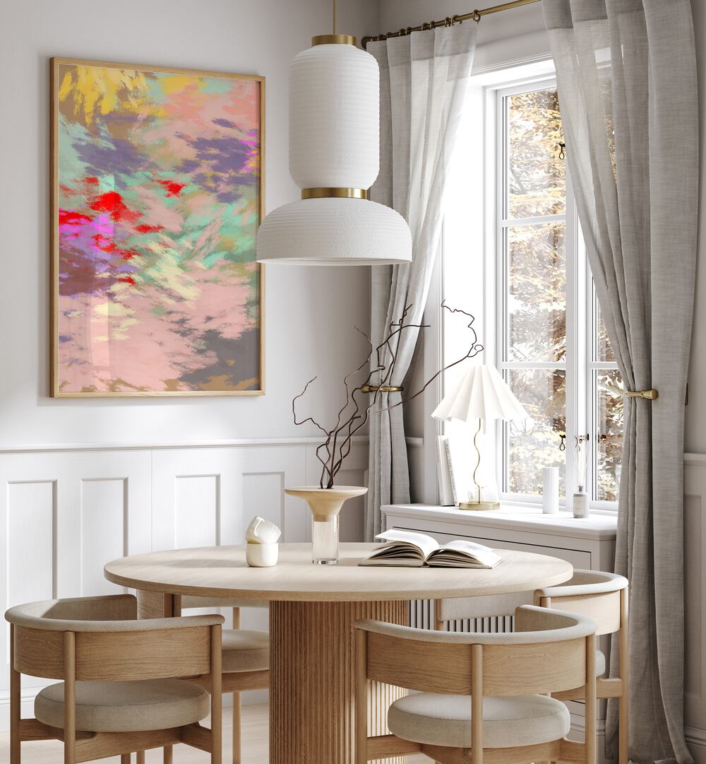 Bright and tranquil, LAZY SUMMER DAYS III, ABSTRACT PAINTINGS enhance relaxation in a stylish dining space.