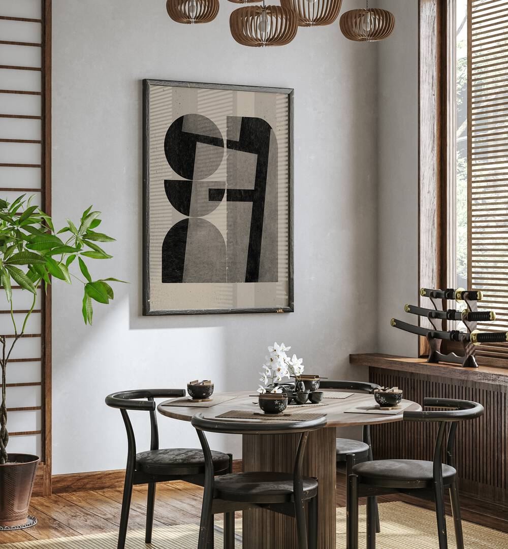 Stylish dining area featuring PAPER CUT NO.7, GEOMETRIC ART PRINTS, enhancing modern decor with abstract elegance.