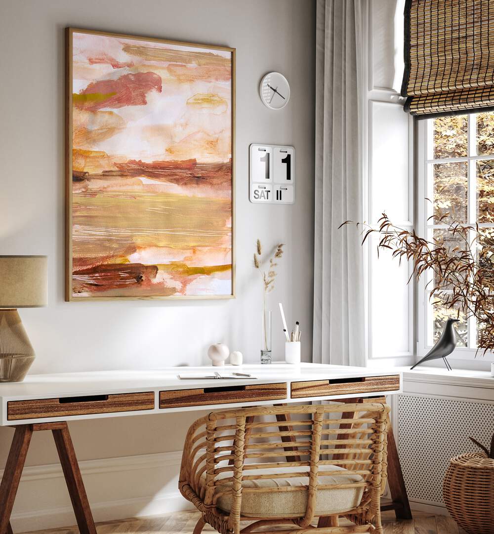 Stylish home office featuring DESERT SKIES, ABSTRACT PAINTINGS, enhancing the serene atmosphere with warm tones.