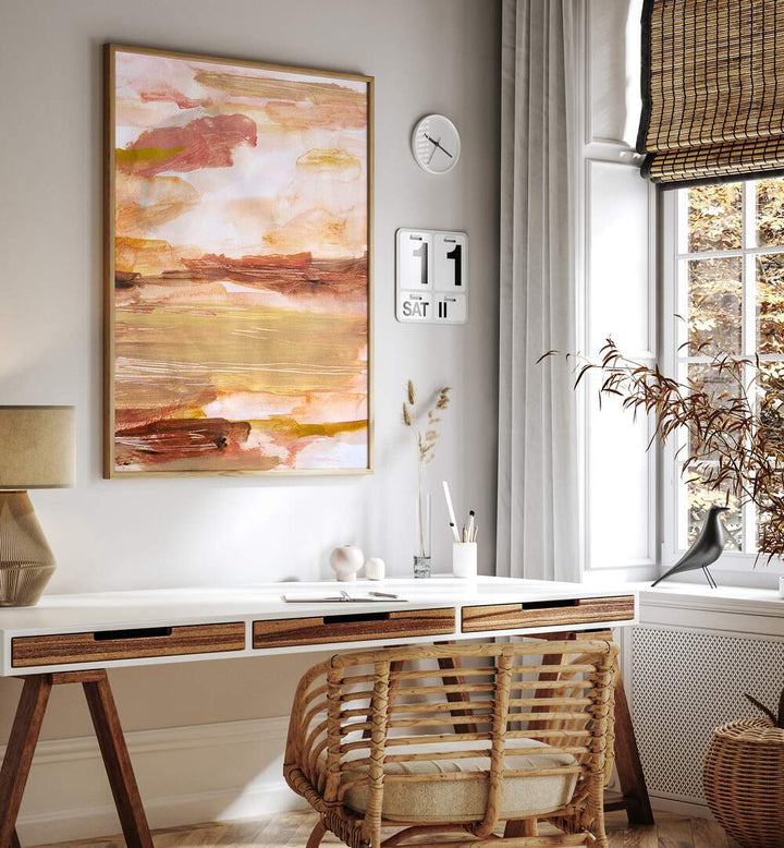 Stylish home office featuring DESERT SKIES, ABSTRACT PAINTINGS, enhancing the serene atmosphere with warm tones.