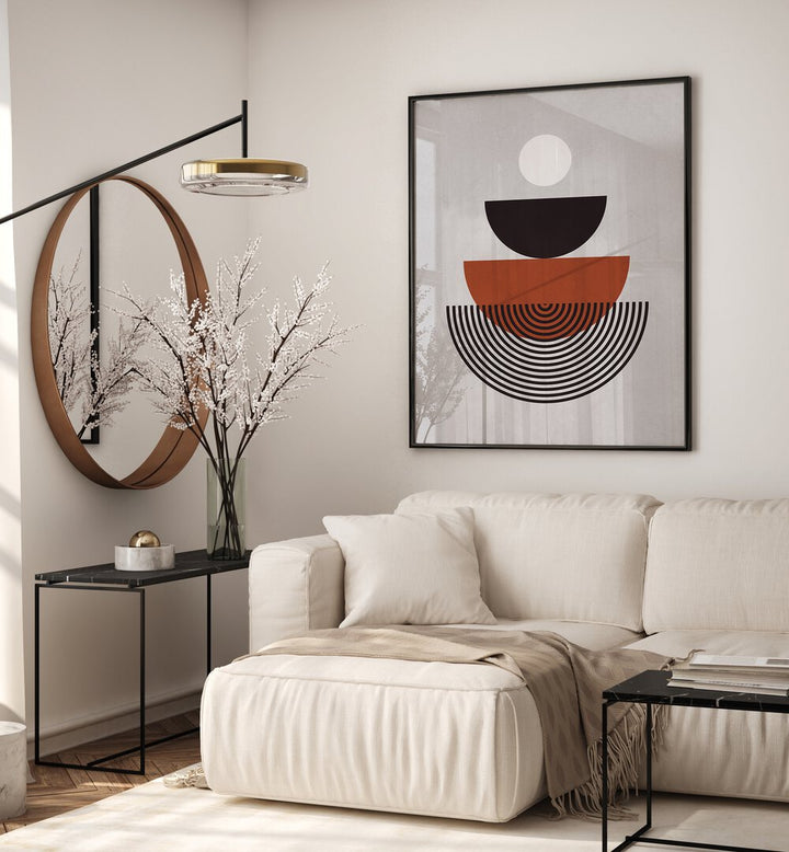 Modern living room featuring LINES AND CIRCLES XVIII, BOHO ART PAINTINGS, enhancing geometric aesthetics beautifully.