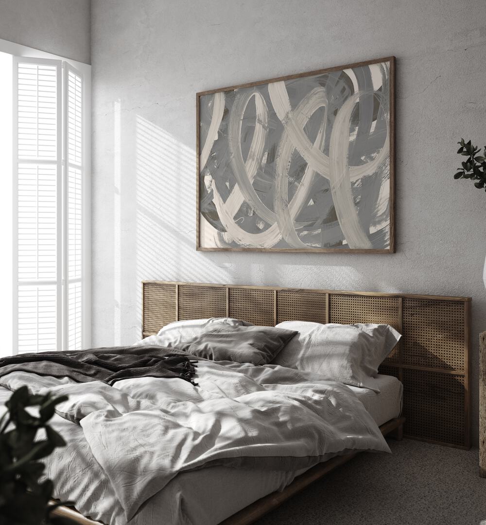 Stylish bedroom featuring TRAILS BEHIND, ABSTRACT PAINTINGS, enhancing the space with modern artistic flair.