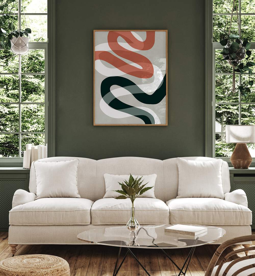 Stylish living room featuring EXPRESSIONIST CURVES, ABSTRACT PAINTINGS, enhancing modern design with vibrant art.