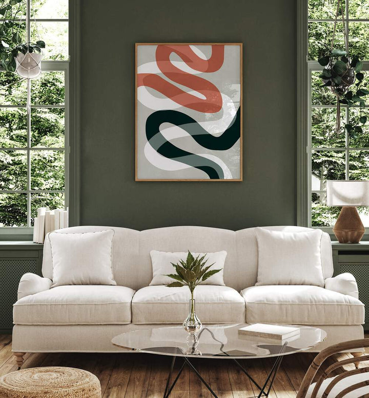 Stylish living room featuring EXPRESSIONIST CURVES, ABSTRACT PAINTINGS, enhancing modern design with vibrant art.