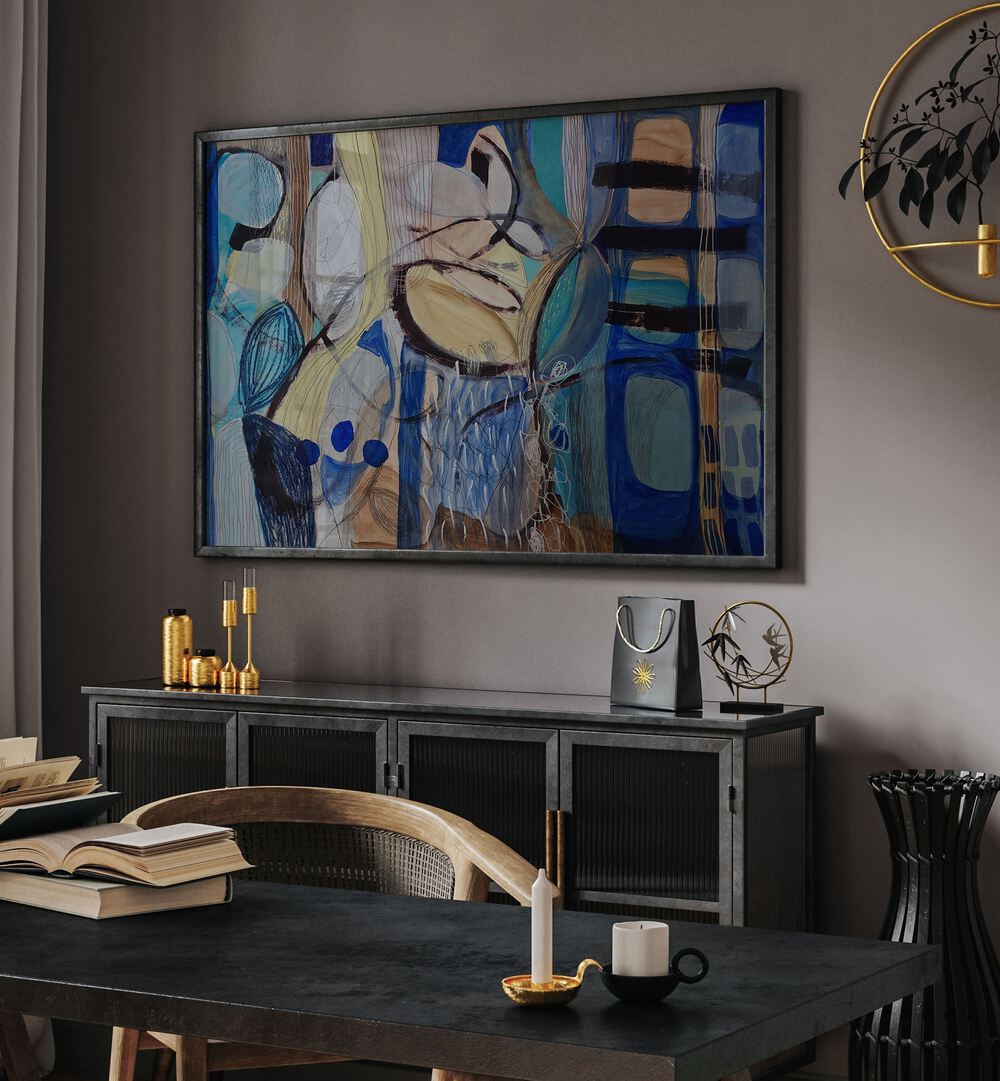 LITTLE FISH, BIG FISH IV, ABSTRACT PAINTINGS displayed as a vibrant centerpiece enhancing this stylish living space.