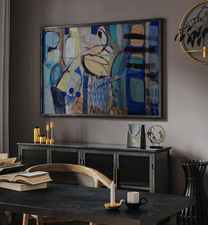 LITTLE FISH, BIG FISH IV, ABSTRACT PAINTINGS displayed as a vibrant centerpiece enhancing this stylish living space.