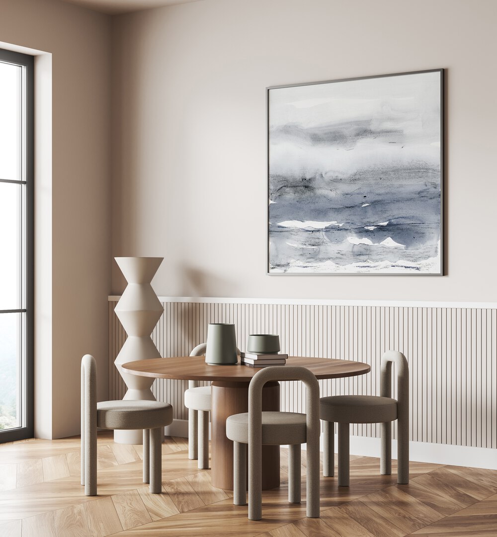 Misty minimal landscape, abstract paintings in a serene dining space, adding tranquility and charm to any room.