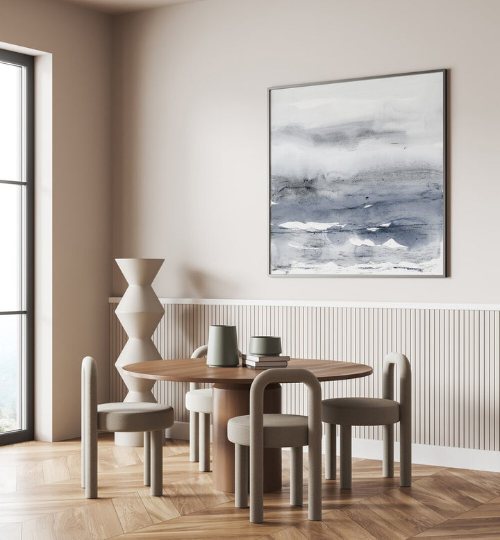 Misty minimal landscape, abstract paintings in a serene dining space, adding tranquility and charm to any room.