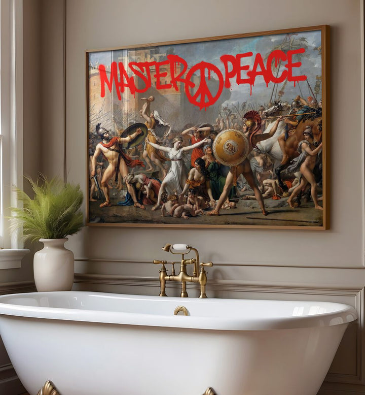Elegant MASTERPEACE, ALTERED ART PRINTS adorn the bathroom wall, transforming decor with striking visual flair.