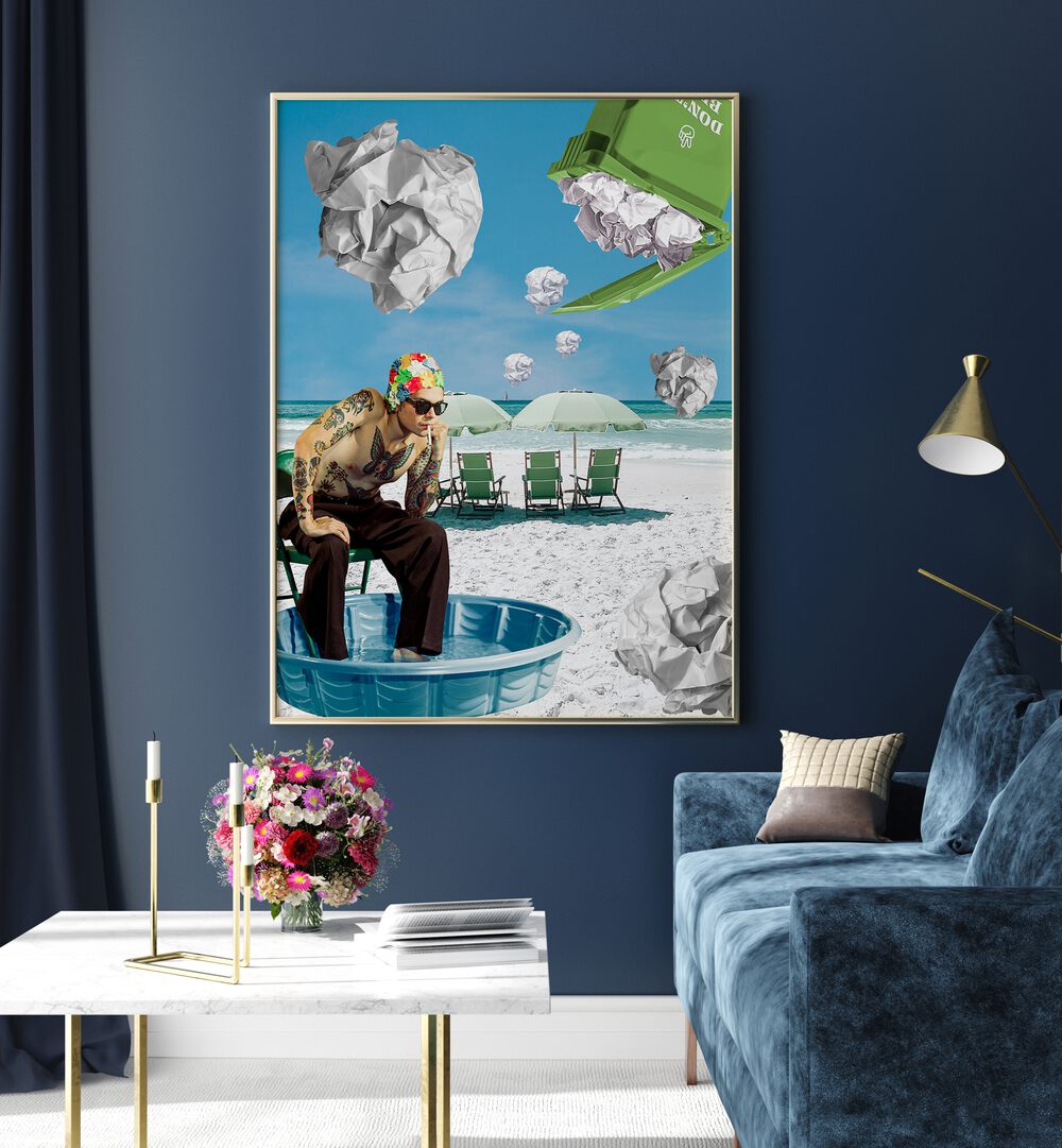 Surreal art print featuring PAPER BEACH, blending vibrant imagery and creative elements for a unique decor statement.