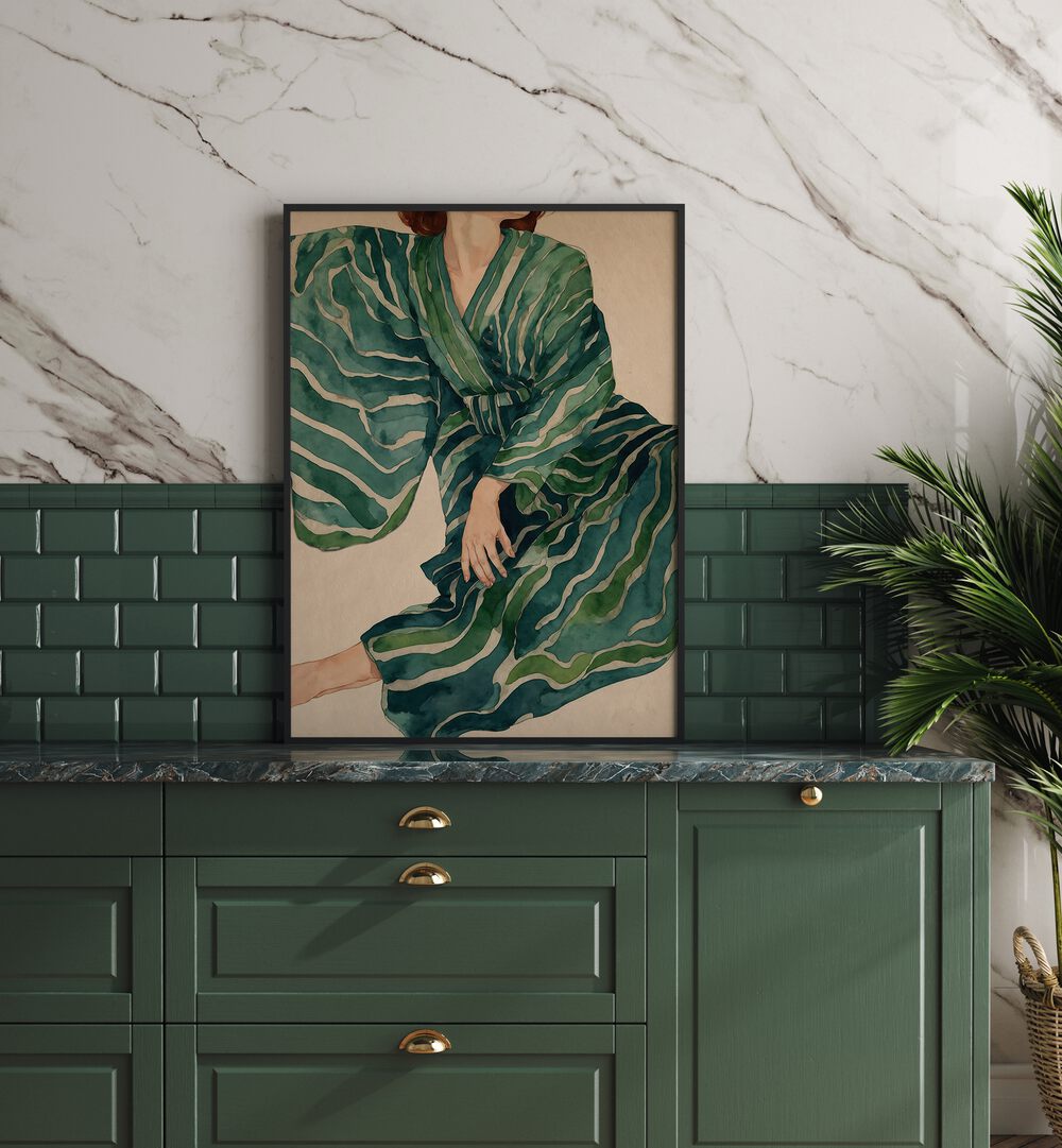 Elegant Figurative Woman No.II, PORTRAITS artwork in vibrant greens enhances any modern decor aesthetic.