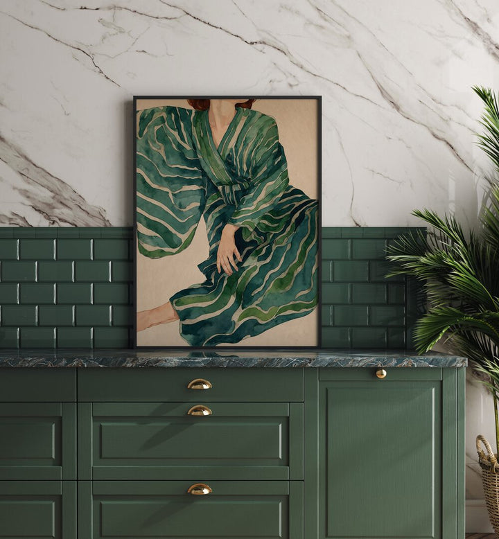 Elegant Figurative Woman No.II, PORTRAITS artwork in vibrant greens enhances any modern decor aesthetic.