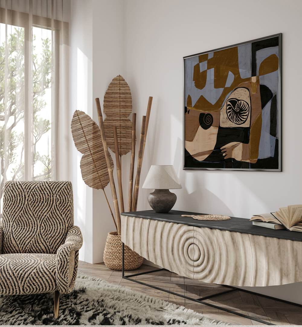 Stylish living room featuring ESSENCE III, ABSTRACT PAINTINGS, enhancing modern decor with artistic flair.