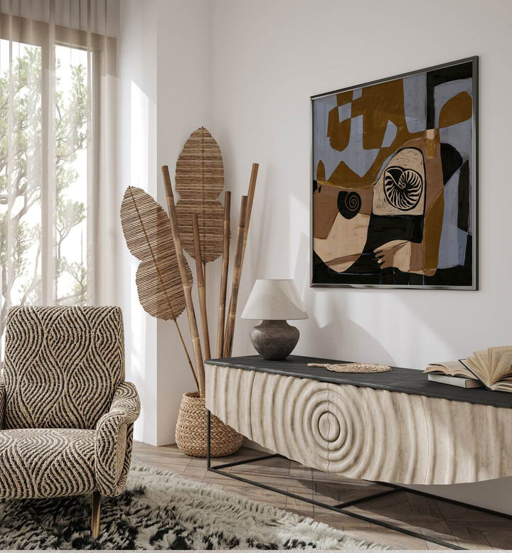 Stylish living room featuring ESSENCE III, ABSTRACT PAINTINGS, enhancing modern decor with artistic flair.