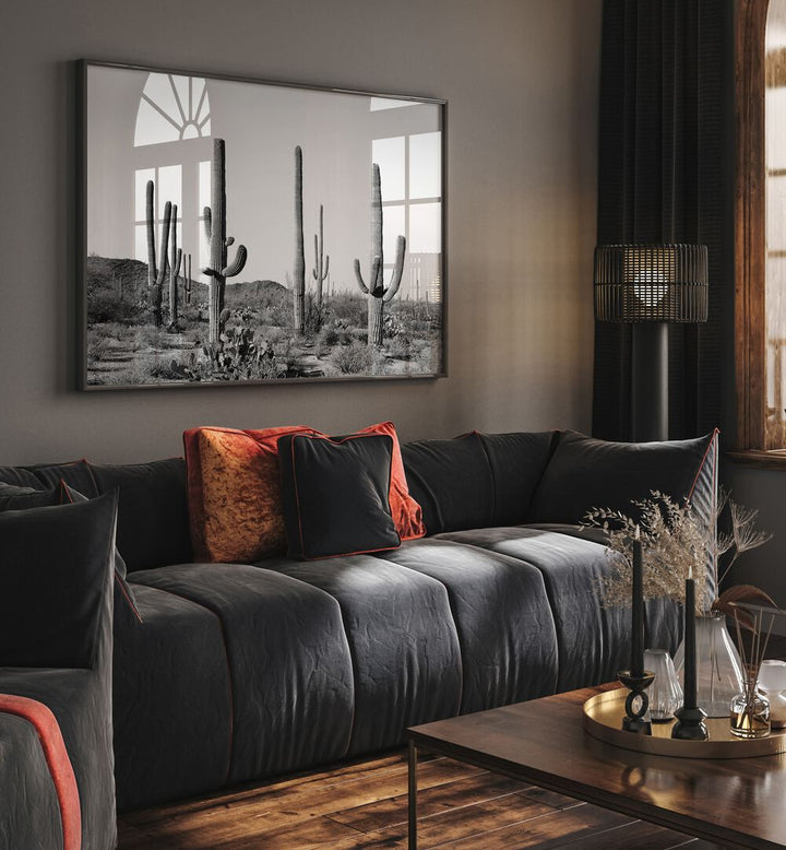 Stylish living room showcasing GREY CACTUS LAND, COWBOY painting, blending modern decor with desert aesthetics.