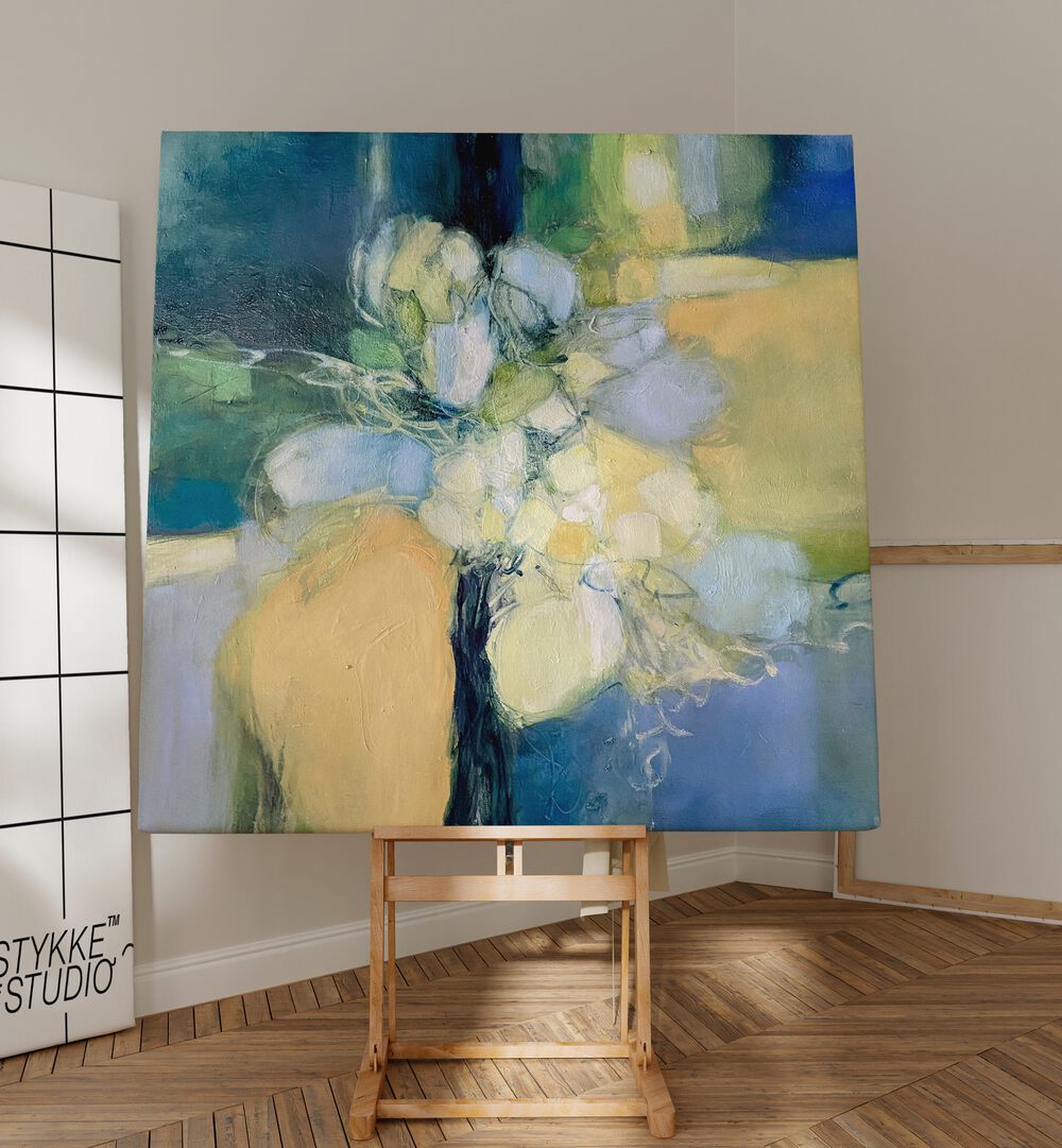 Colorful SNAPDRAGON, ABSTRACT PAINTINGS showcased on an easel, enhancing modern decor with vibrant artistry.