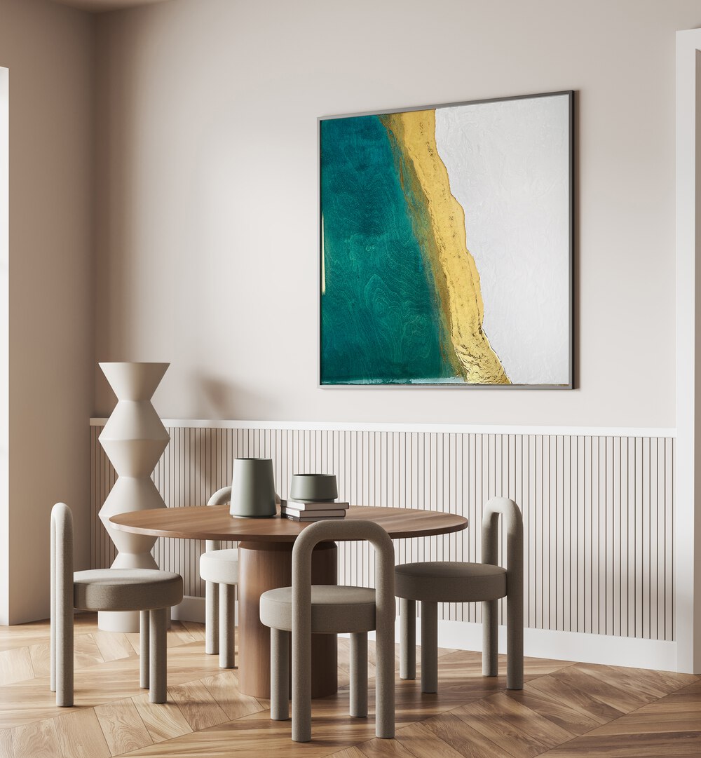Captivating SAND MEETS OCEAN, ABSTRACT PAINTINGS showcasing serene beach hues and vibrant ocean tones for your decor.