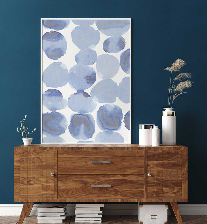 Elegant BLUE VIOLET GRIS WATERCOLOUR I, ABSTRACT PAINTINGS adorns a stylish interior, enhancing any space with vibrant hues.