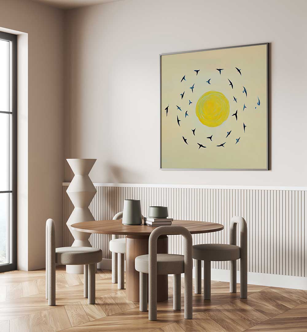 FLY AWAY WITH ME , KIDS ROOM PAINTINGS featuring birds circling a bright yellow sun in a modern cozy room setting