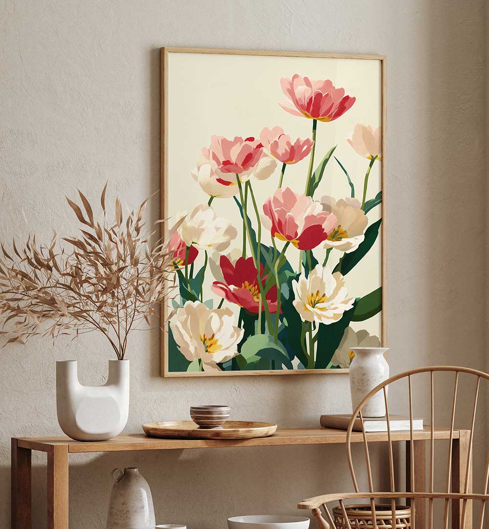 CORAL TULIPS IN BLOOM , FLORAL FLOWER PAINTINGS