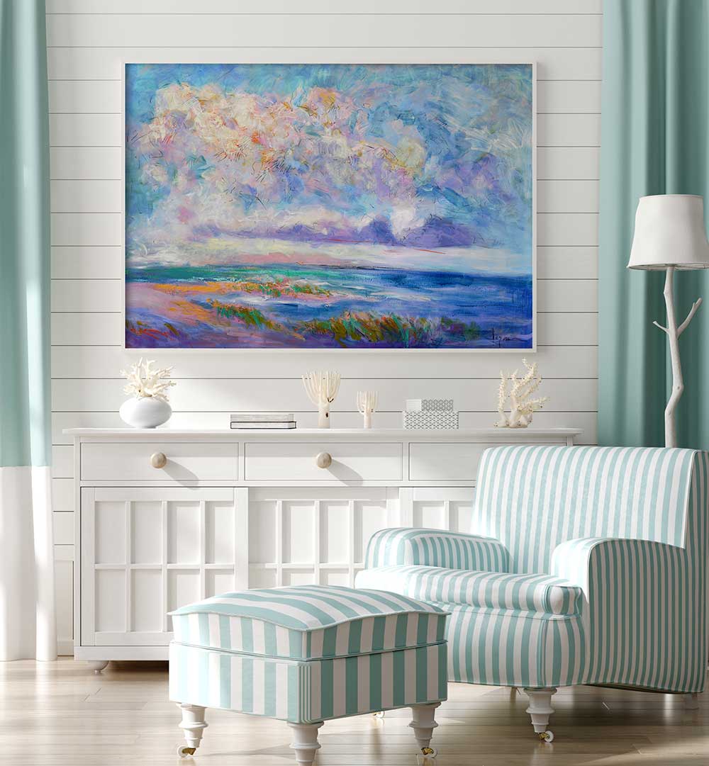 Framed coastal scene above white console in serene coastal living room, NATURE INSPIRED , LANDSCAPE PAINTINGS