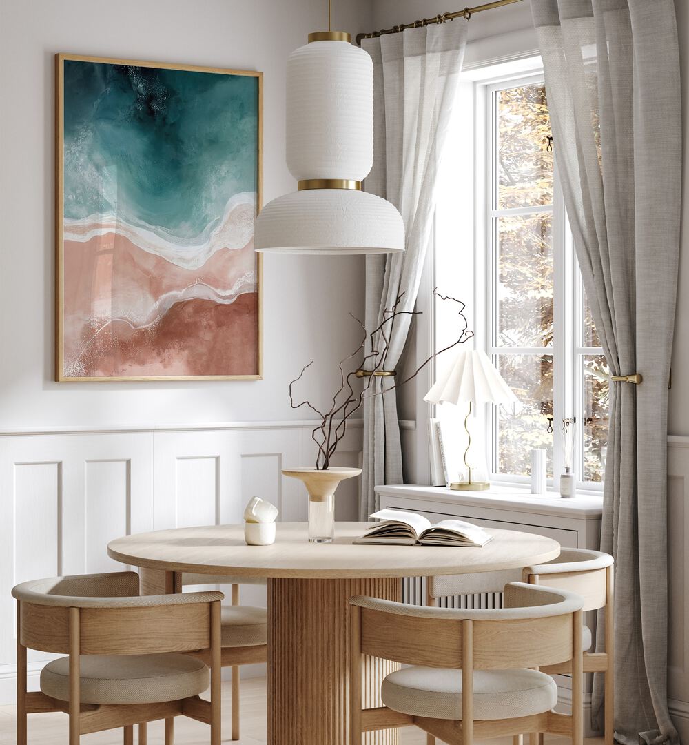 Serene interior with QUIET SANDS AND GENTLE WAVES, ABSTRACT PAINTINGS enhancing coastal charm and tranquility.