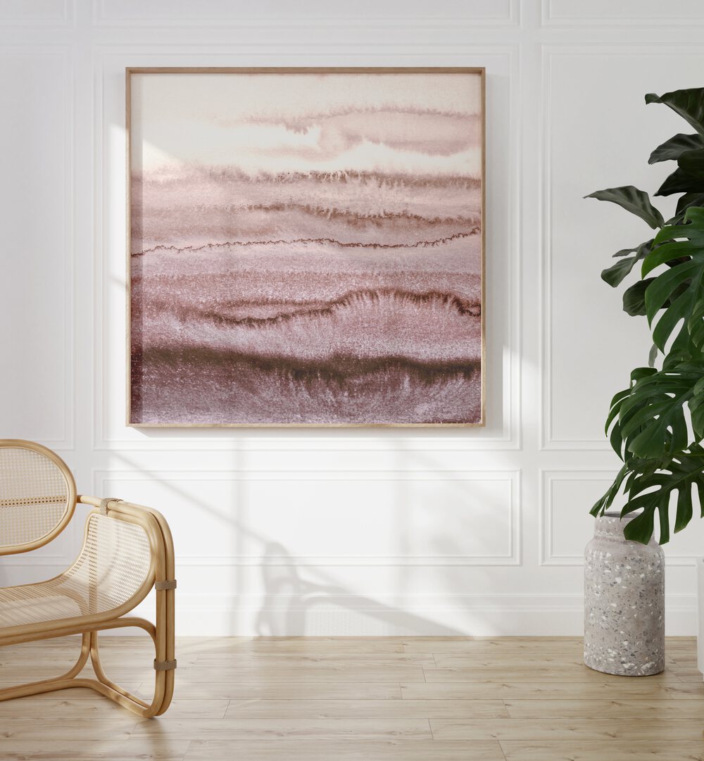Abstract painting, "EARTHY WAVES WITH SERENE LANDSCAPE," showcases soft tones, enhancing your serene living space.