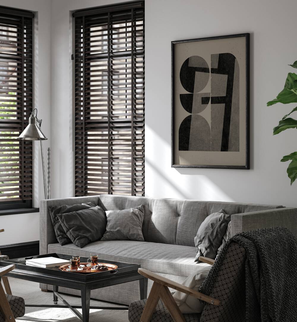 Stylish living room featuring PAPER CUT NO.7, GEOMETRIC ART PRINTS, enhancing modern decor with vibrant designs.